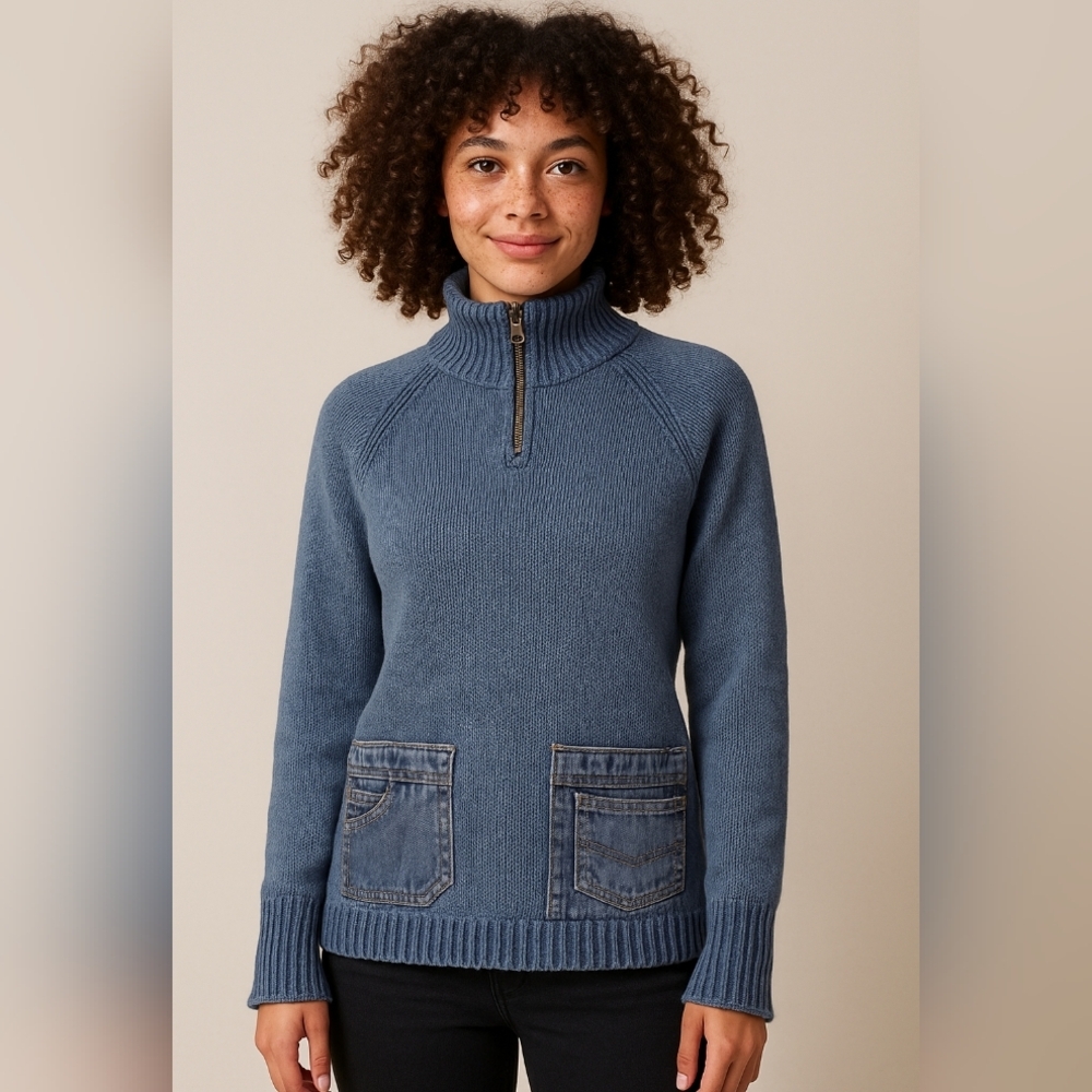 Vintage Pbj Blues Ramie Cotton Denim Patch Half Zip Mock Neck Sweater Small